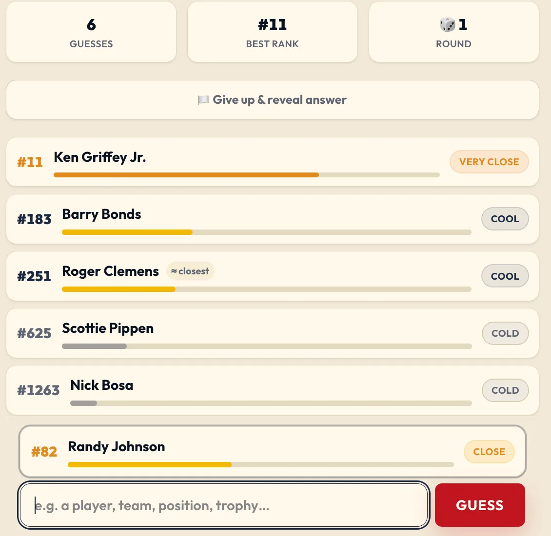 Close Call Sports guesses ranked by how close each one is to the hidden answer