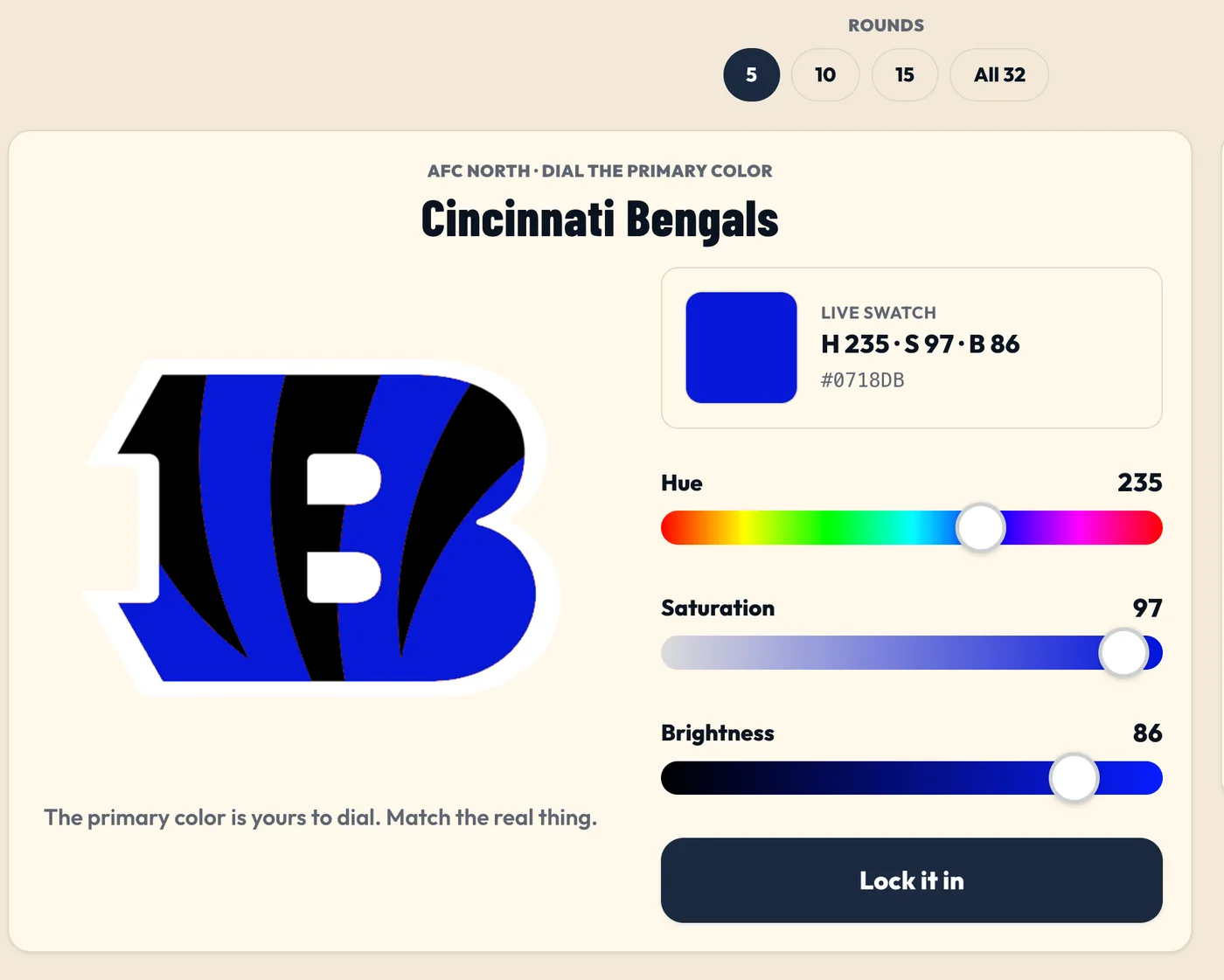 A Color Match round dialing the Cincinnati Bengals primary color with hue, saturation, and brightness sliders