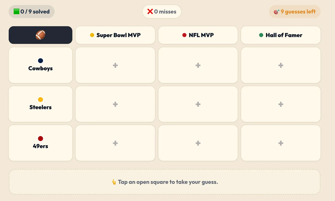 A Sportagories grid game in play with team rows and award columns waiting to be solved