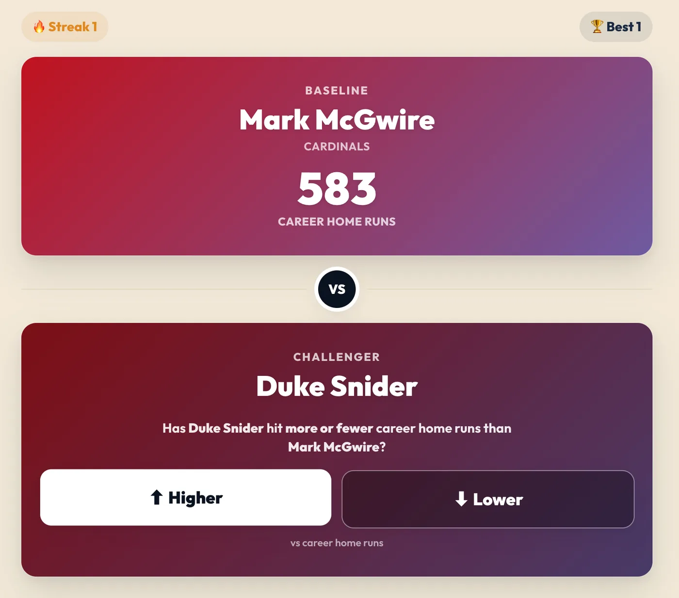 A Higher or Lower matchup asking whether Duke Snider hit more career home runs than Mark McGwire
