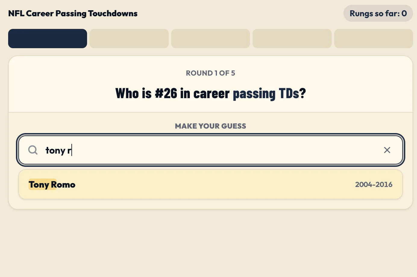 A Ladder round asking who ranks 26th in NFL career passing touchdowns