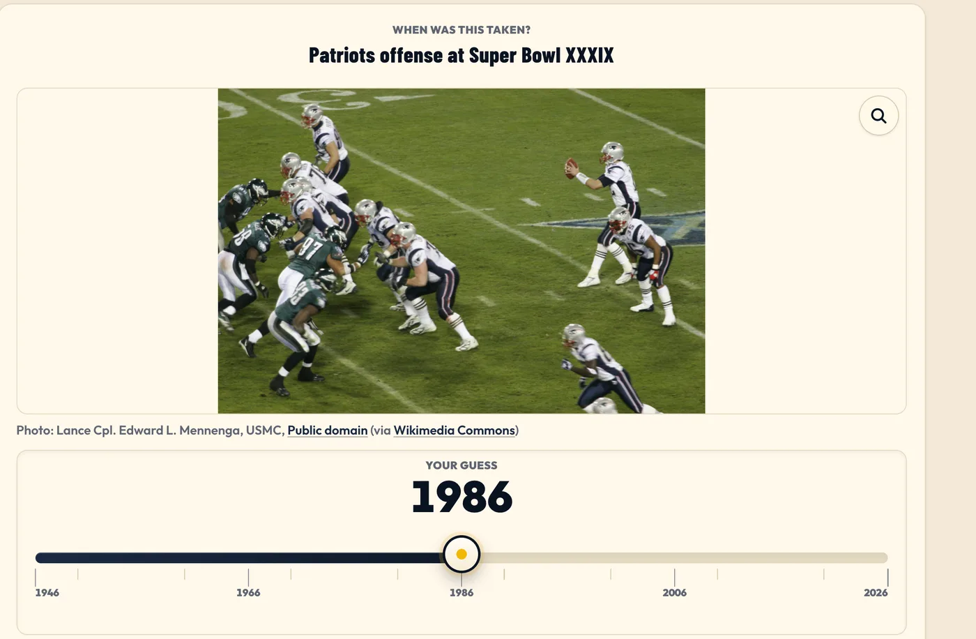 A Photo Year round showing a Patriots Super Bowl photo above a year guess slider