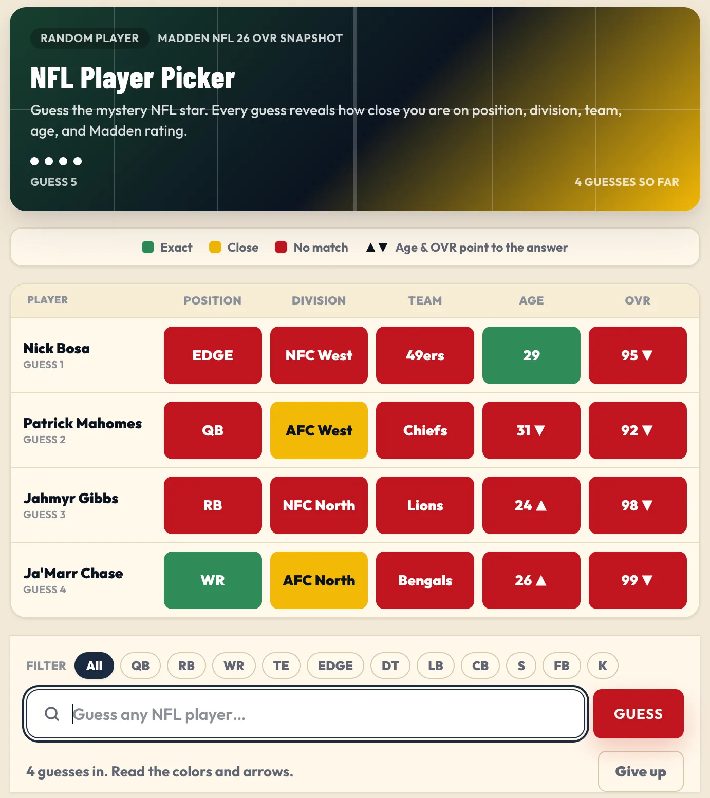 An NFL Player Picker board with colored clue cells for position, division, team, age, and rating