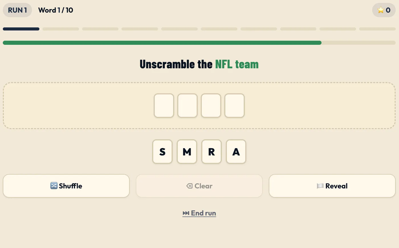 A Word Scramble round with letter tiles S M R A ready to rebuild an NFL team name
