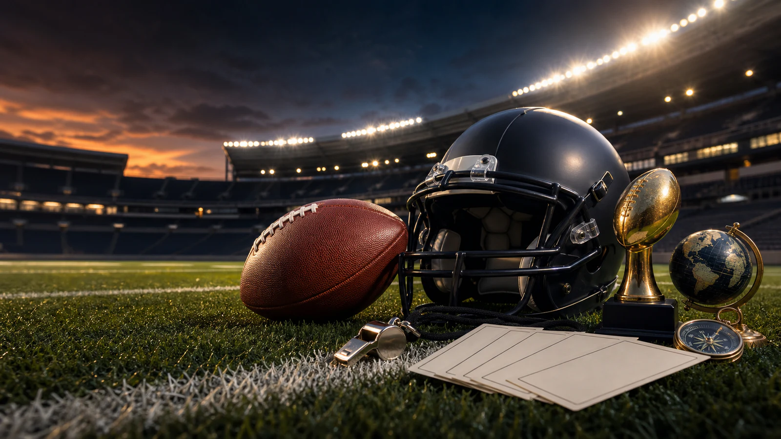 Football, plain helmet, whistle, trophy, blank schedule cards, globe, and compass in a floodlit stadium