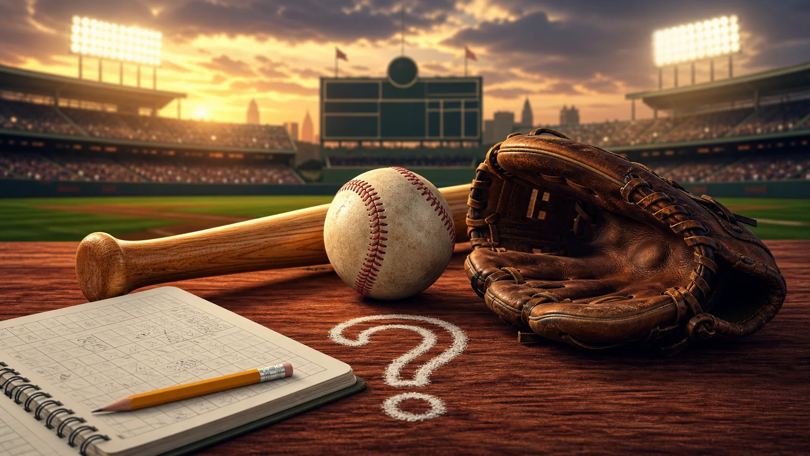Baseball, bat, glove, scorebook, and chalk question mark in a ballpark
