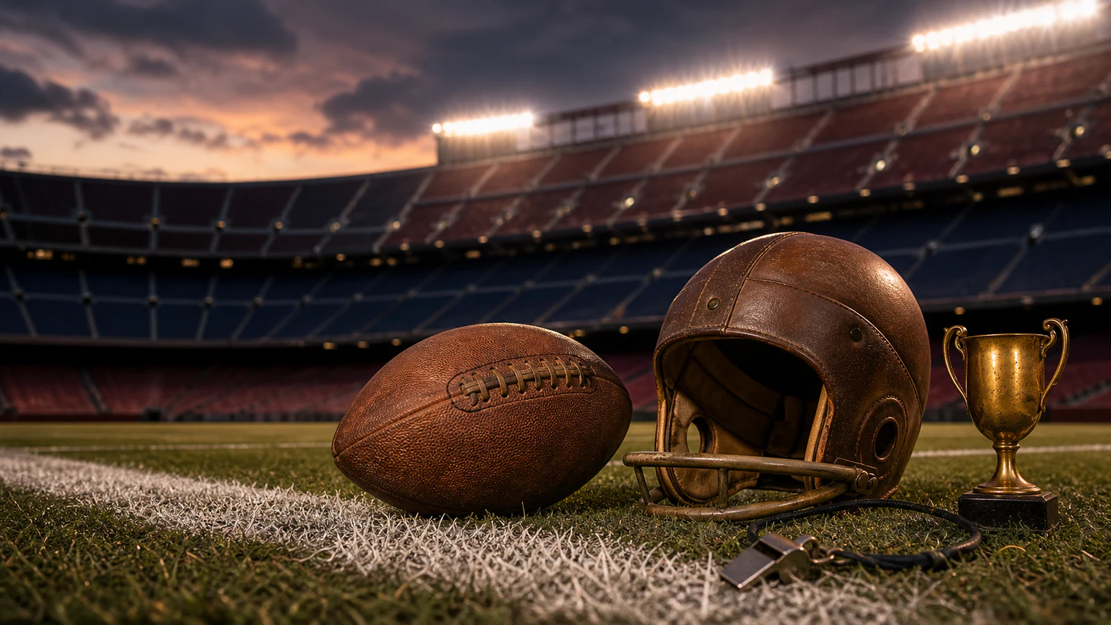 Vintage college football helmet, football, trophy, and whistle in a lit stadium