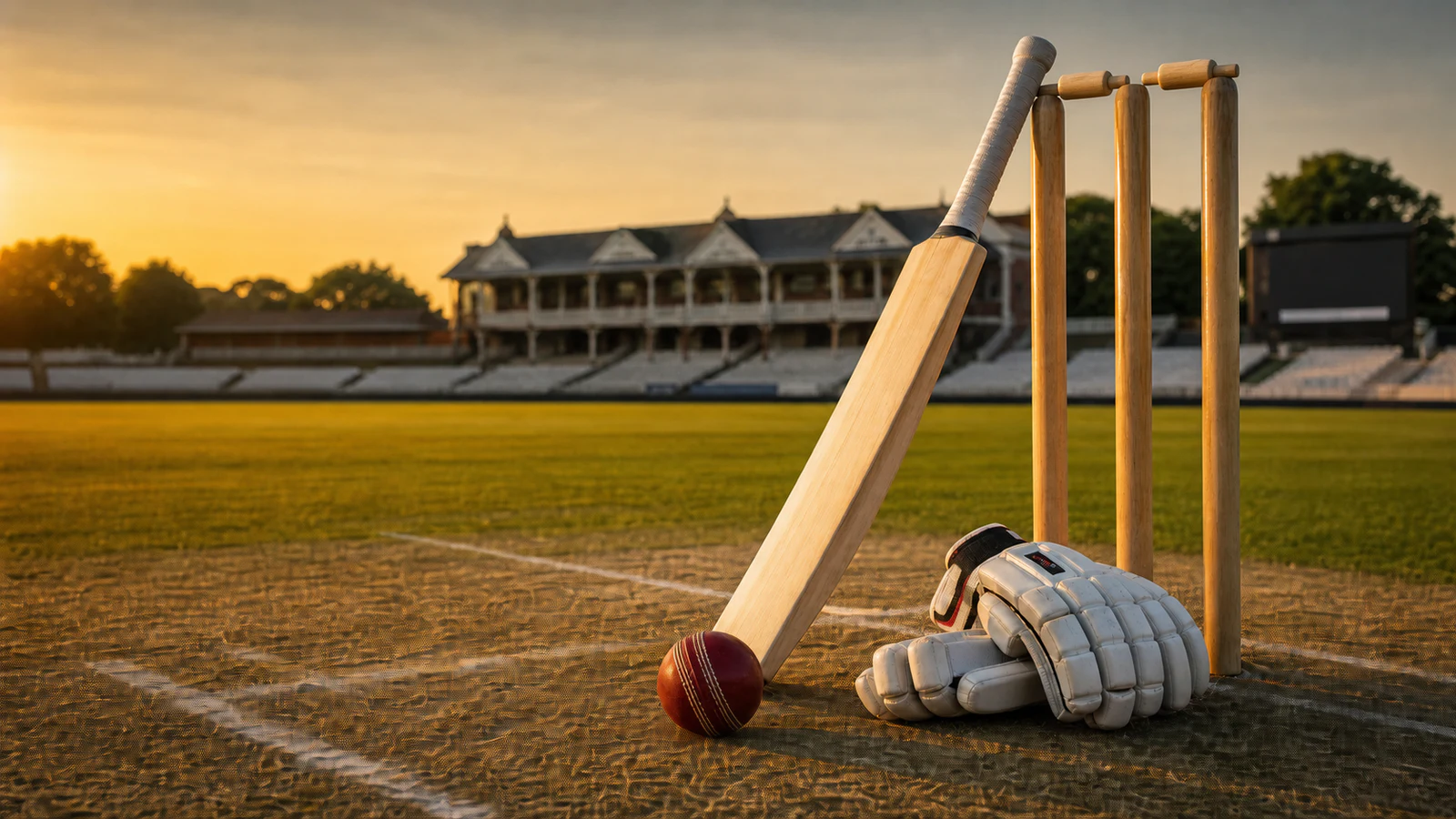 Cricket bat, red ball, batting gloves, and stumps on a sunlit oval