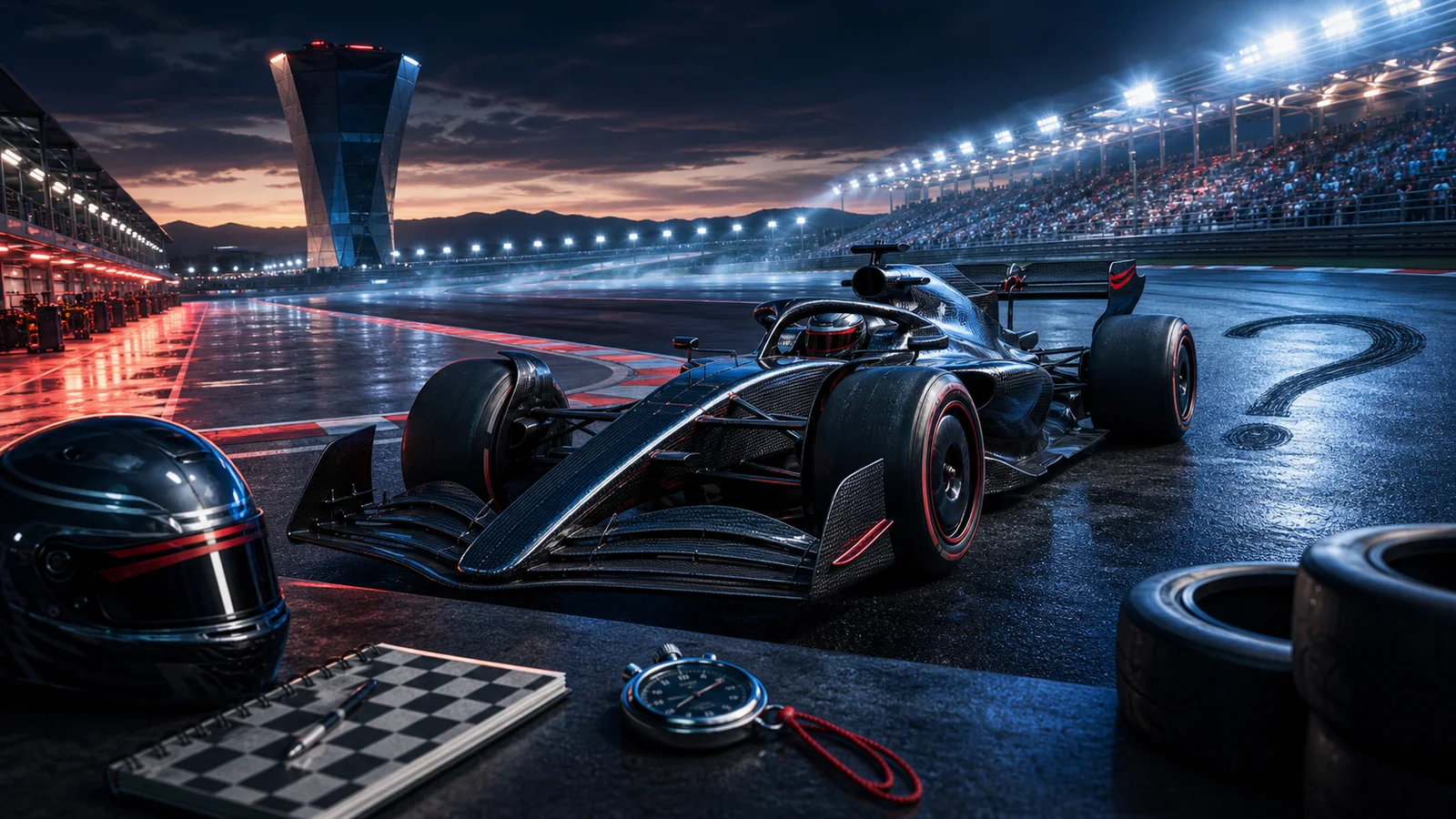 Unbranded open-wheel race car, helmet, stopwatch, and question mark on a floodlit circuit
