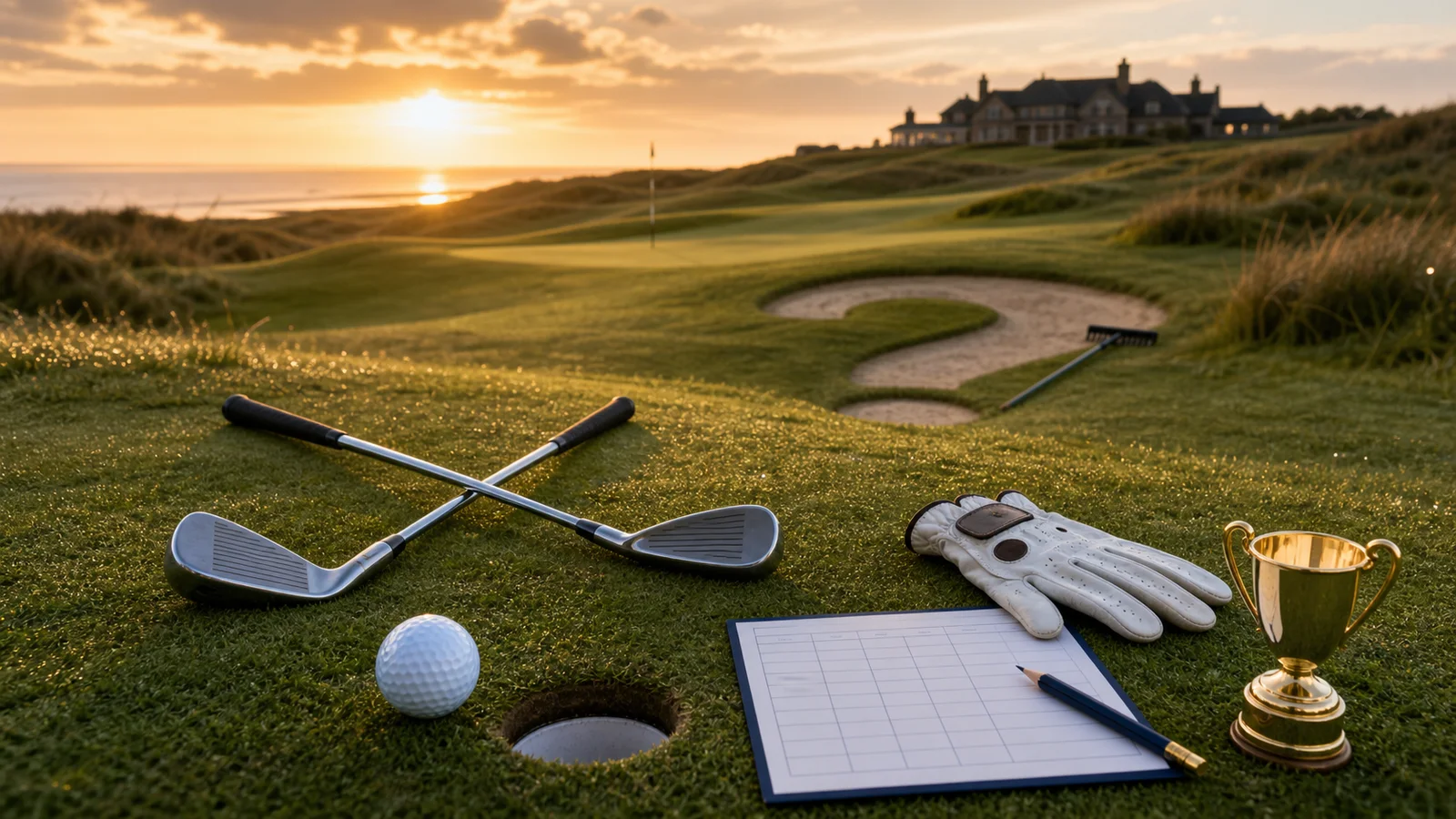Two golf clubs, a ball, glove, scorecard, and small trophy on a sunrise links course