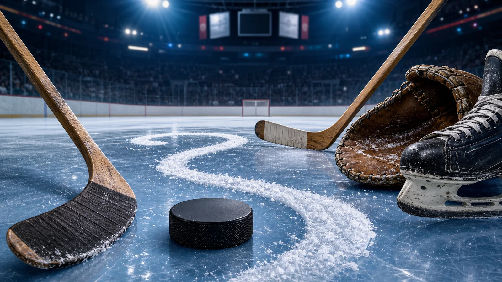 Hockey puck, sticks, glove, and skate arranged as a trivia scene on arena ice