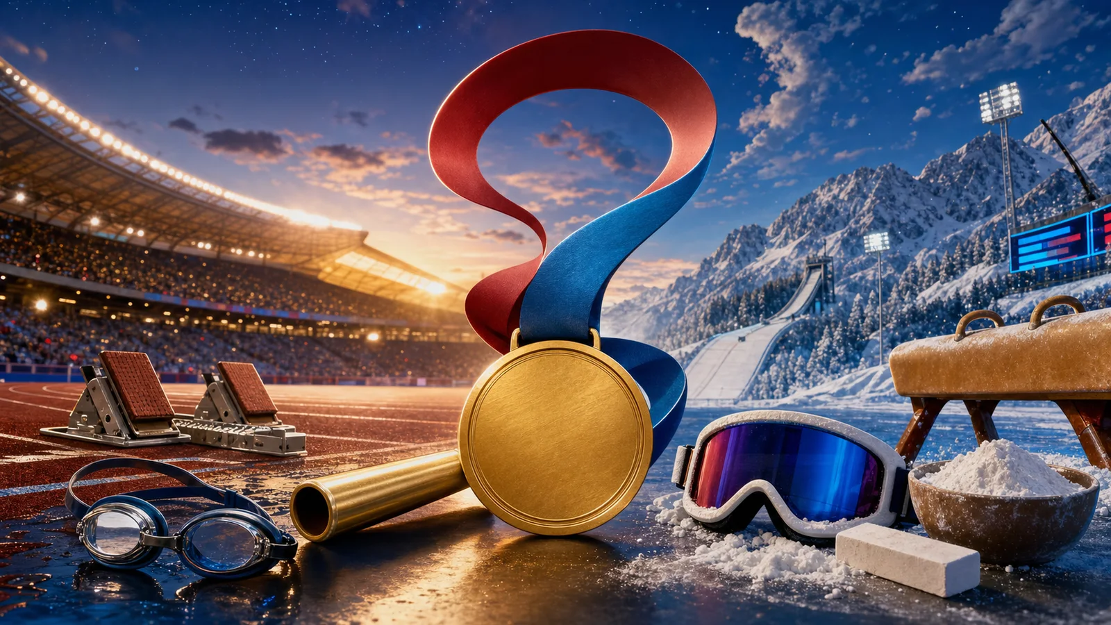 Gold medal surrounded by Summer and Winter Games sporting equipment