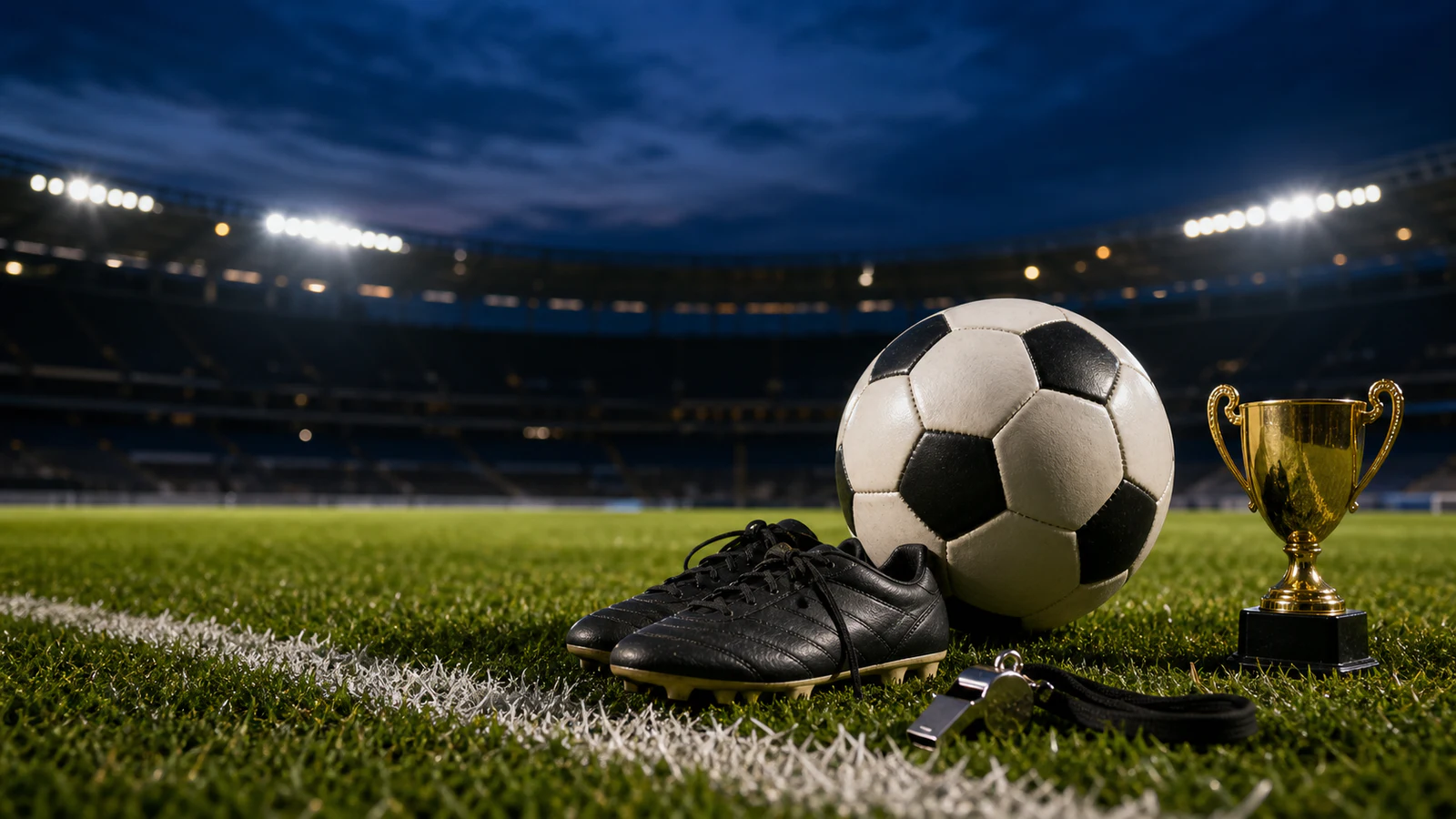 Soccer boots, ball, trophy, and whistle on a floodlit stadium pitch