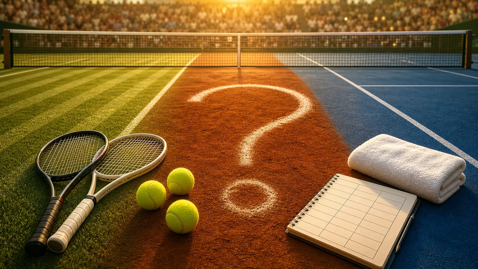 Two tennis rackets, three balls, a scorecard, and a chalk question mark across three court surfaces