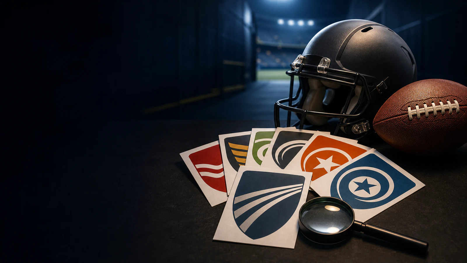 Plain football helmet, football, magnifying glass, and abstract logo cards in a stadium tunnel