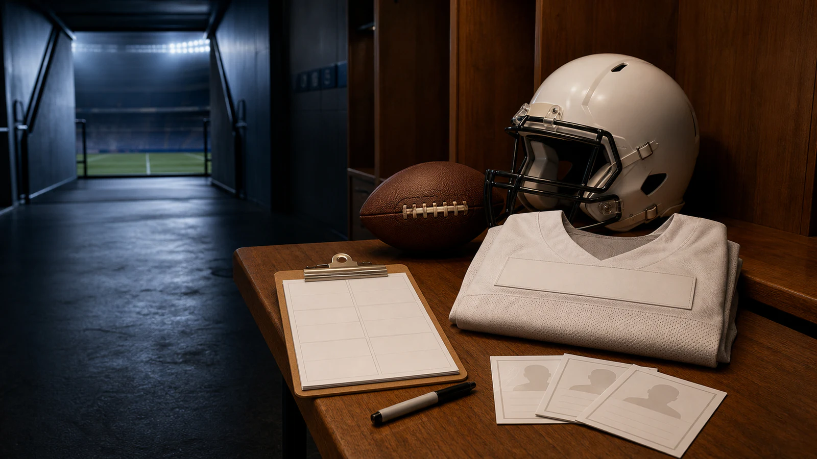 Plain football helmet, football, blank jersey, clipboard, and player profile cards in a locker room